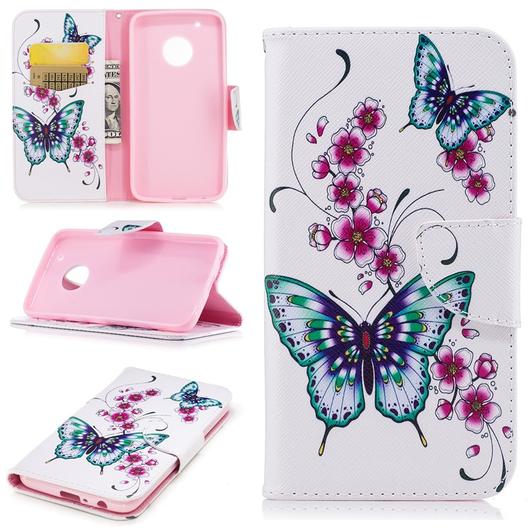 Pattern Printing Protective Leather Wallet Stand Case for Motorola Moto G5 Plus - Green Butterfly and Flower Pattern-1