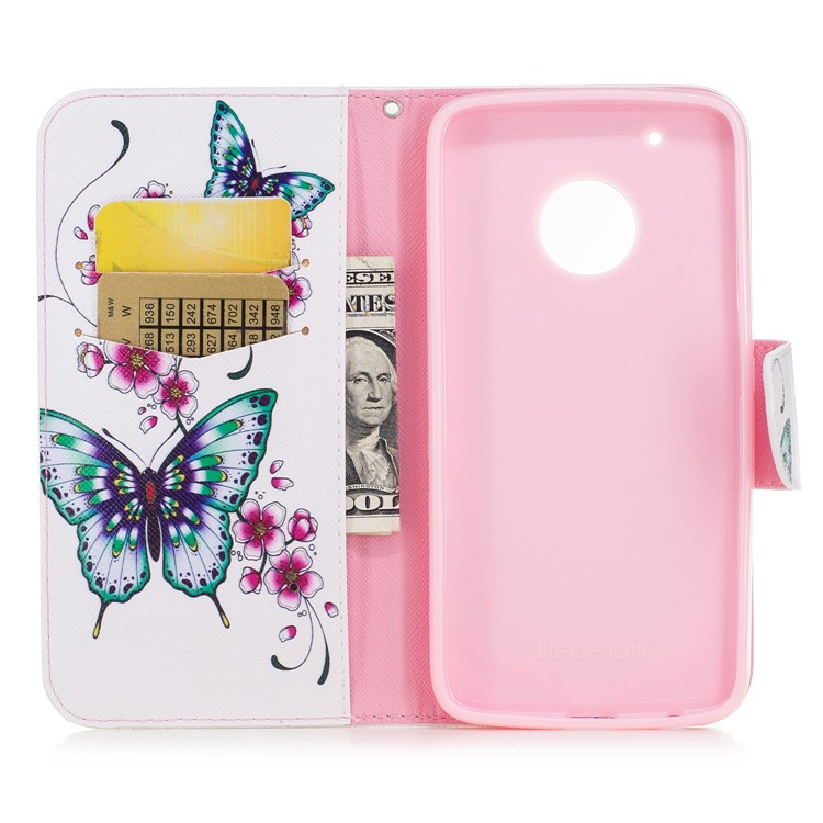 Pattern Printing Protective Leather Wallet Stand Case for Motorola Moto G5 Plus - Green Butterfly and Flower Pattern-8