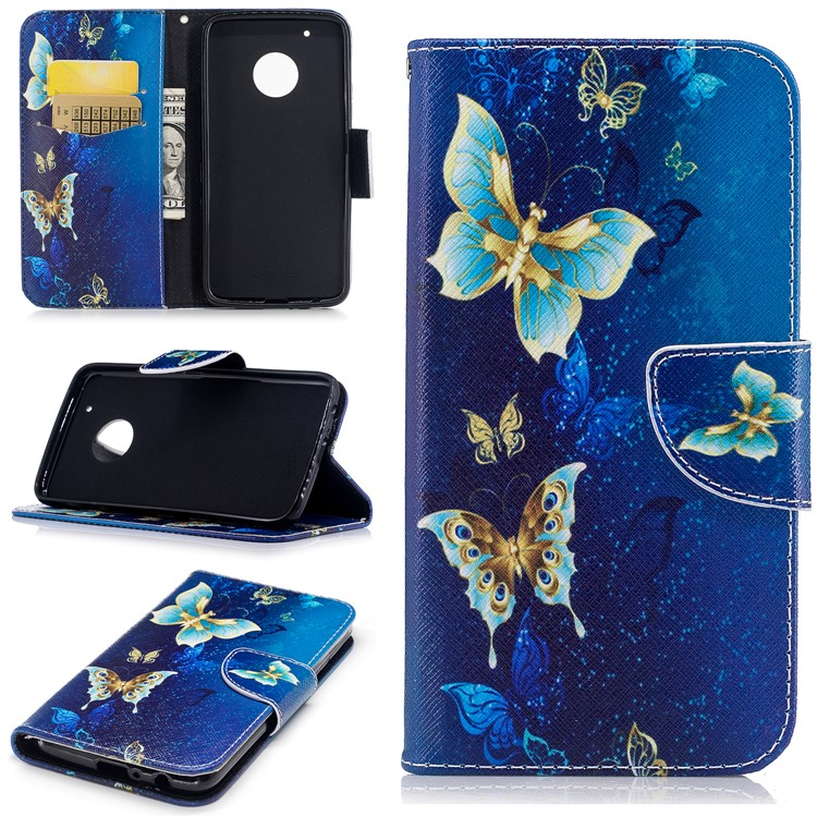 Pattern Printing Protective Leather Wallet Phone Casing with Stand for Motorola Moto G5 Plus - Butterflies in Blue Background-1