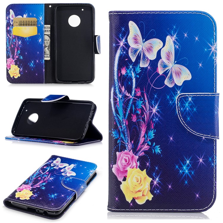 For Motorola Moto G5 Plus Pattern Printing PU Leather Wallet Magnetic Case - Rose and Two Butterflies-1