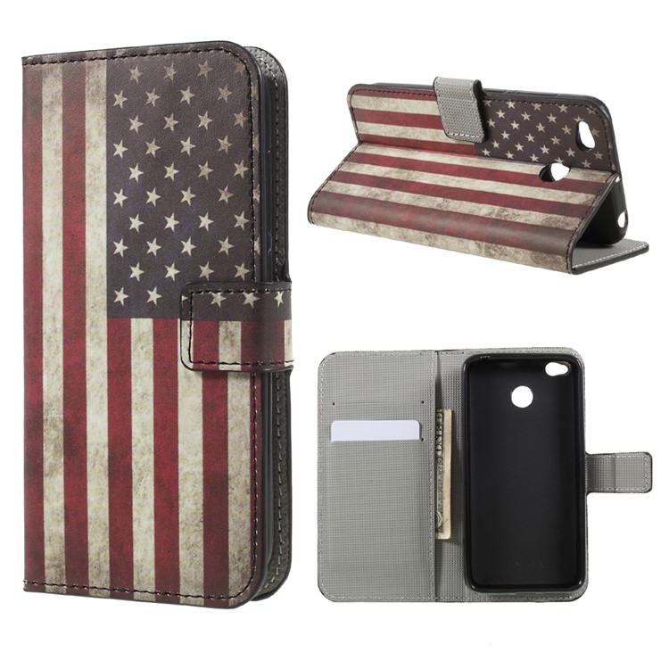 Patterned Leather Wallet Stand Case for Xiaomi Redmi 4X - Vintage US American Flag-1