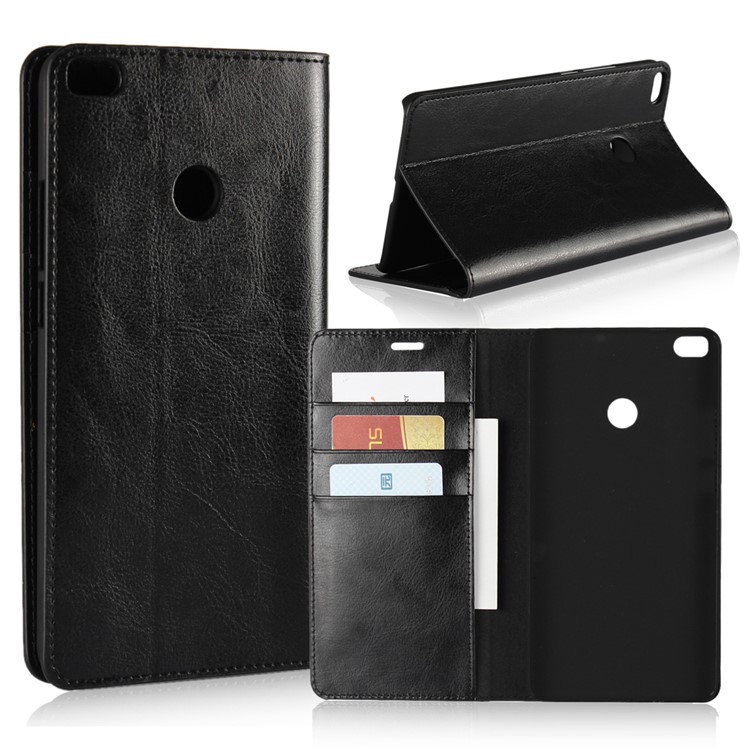 Crazy Horse Genuine Leather Magnetic Wallet Case for Xiaomi Mi Max 2 - Black-1