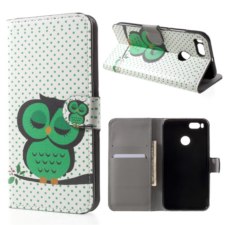 Patterned Stand PU Leather Wallet Case for Xiaomi Mi A1 / 5X - Green Napping Owl-1