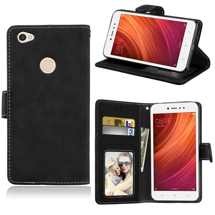 Matte Surface Folio Flip PU Leather Case for Xiaomi Redmi Note 5A/Y1 Lite (India) - Black-1