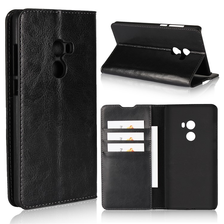 Crazy Horse Texture Genuine Leather Wallet Case for Xiaomi Mi Mix 2 - Black-1