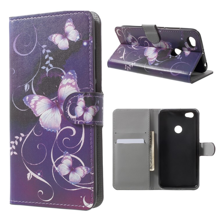 Pattern Printing Leather Wallet Case for Xiaomi Redmi Note 5A Prime / Y1 (India) - Purple Butterflies-1
