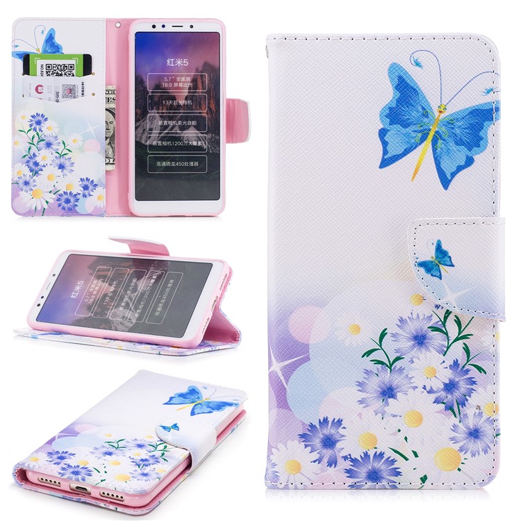 Pattern Printing PU Leather Magnetic Wallet Stand Case for Xiaomi Redmi 5 - Butterfly and Daisy-1