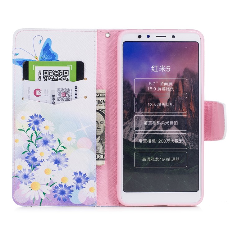Pattern Printing PU Leather Magnetic Wallet Stand Case for Xiaomi Redmi 5 - Butterfly and Daisy-8