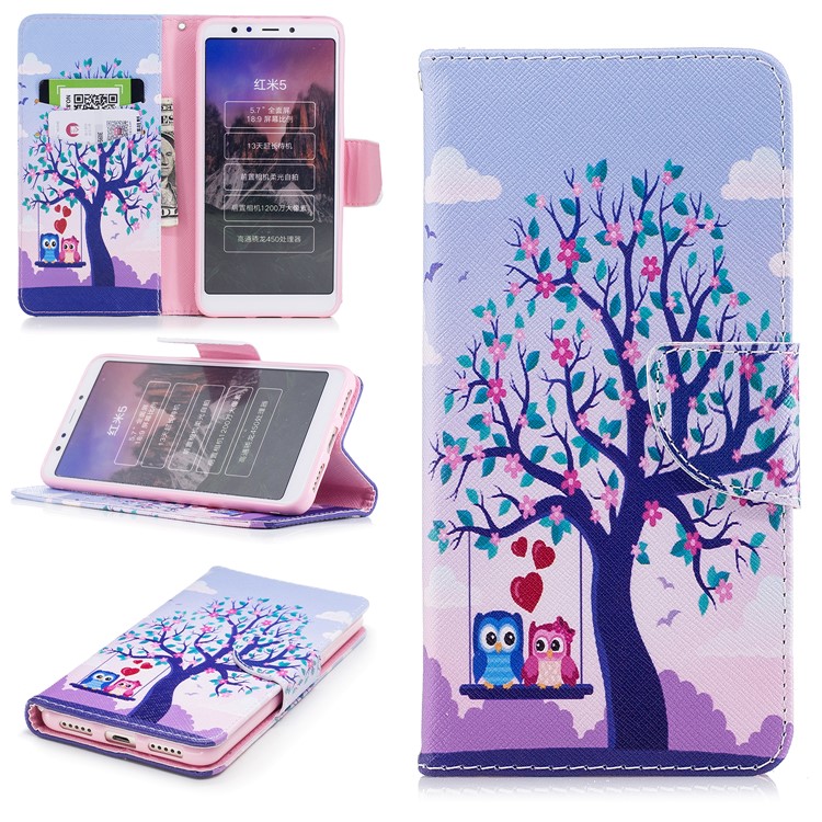 Patterned Leather Wallet Case with Stand for Xiaomi Redmi 5 - Owl Lover and Flowered Tree-1