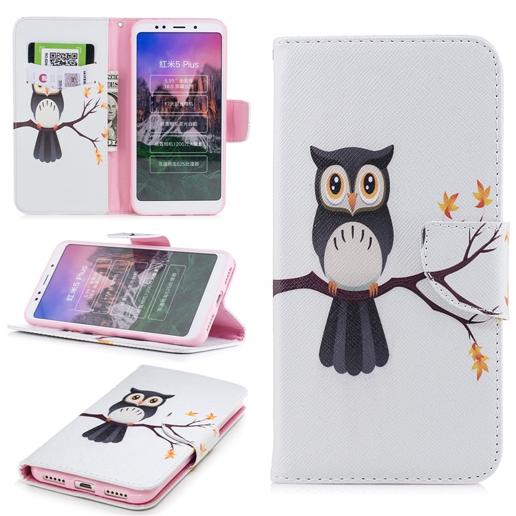 Pattern Printing Wallet Stand Leather Cover for Xiaomi Redmi 5 Plus - An Owl Standing on Branch-1