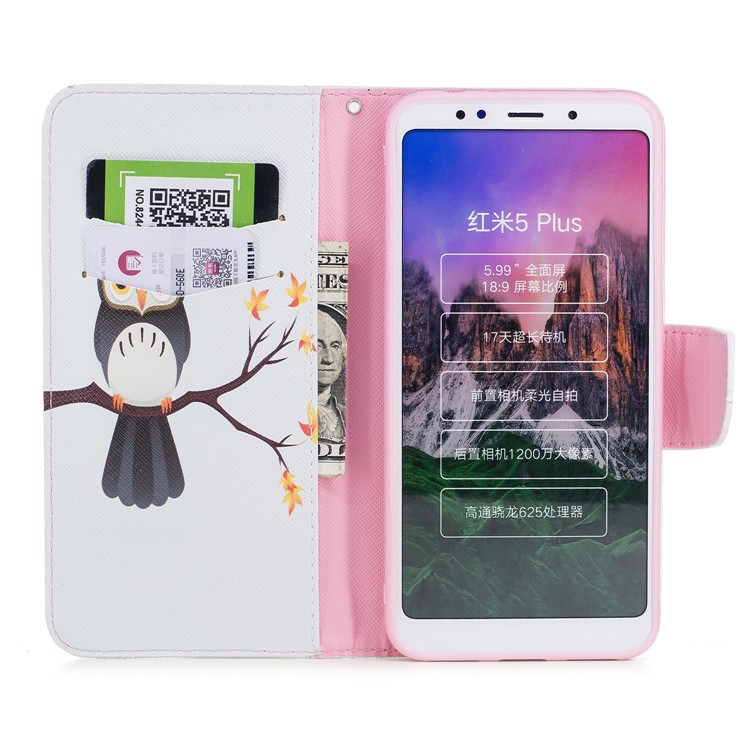Pattern Printing Wallet Stand Leather Cover for Xiaomi Redmi 5 Plus - An Owl Standing on Branch-8