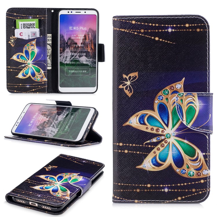 Pattern Printing Wallet Stand Leather Protective Magnetic Cover for Xiaomi Redmi 5 Plus - Butterflies with Diamond-1