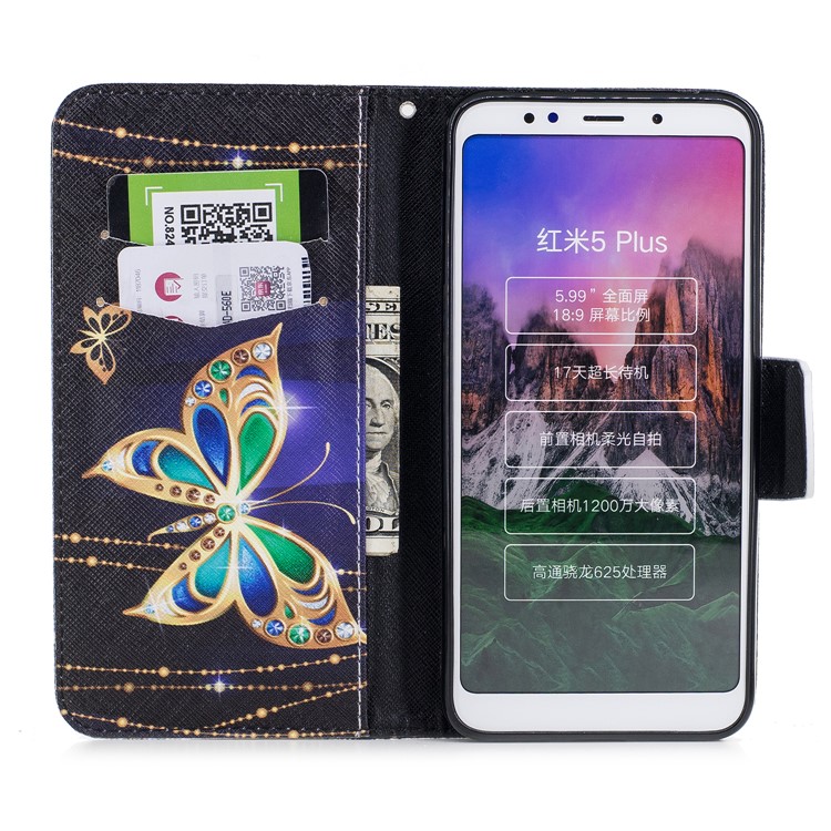 Pattern Printing Wallet Stand Leather Protective Magnetic Cover for Xiaomi Redmi 5 Plus - Butterflies with Diamond-8