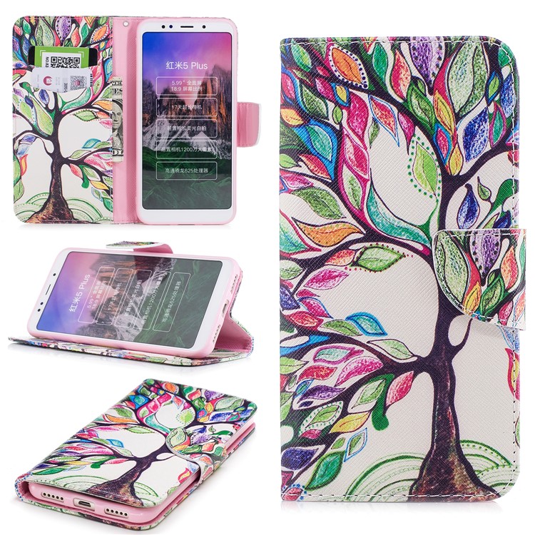 Impressão Padrão PU Couro Magnético Carteira Stand Cover Para Xiaomi Redmi Nota 5 / Redmi 5 Plus - Árvore Com Folhas Coloridas-1