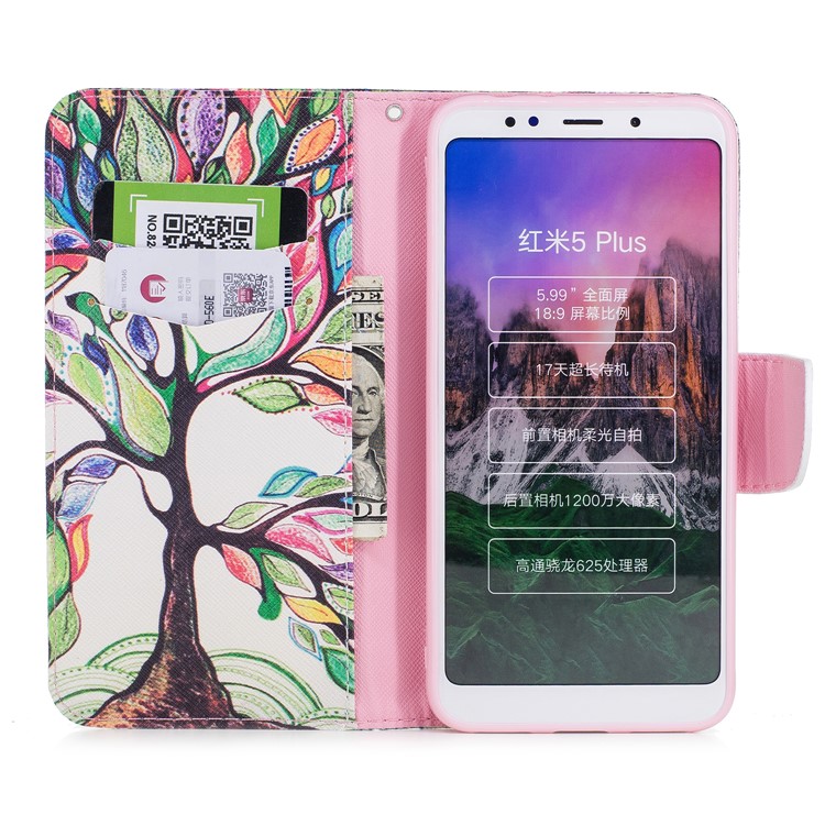 Impressão Padrão PU Couro Magnético Carteira Stand Cover Para Xiaomi Redmi Nota 5 / Redmi 5 Plus - Árvore Com Folhas Coloridas-8