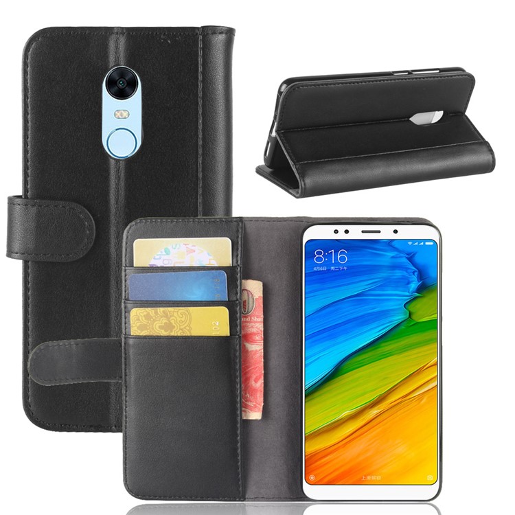 Genuine Split Leather Wallet Stand Case for Xiaomi Redmi 5 Plus - Black-1