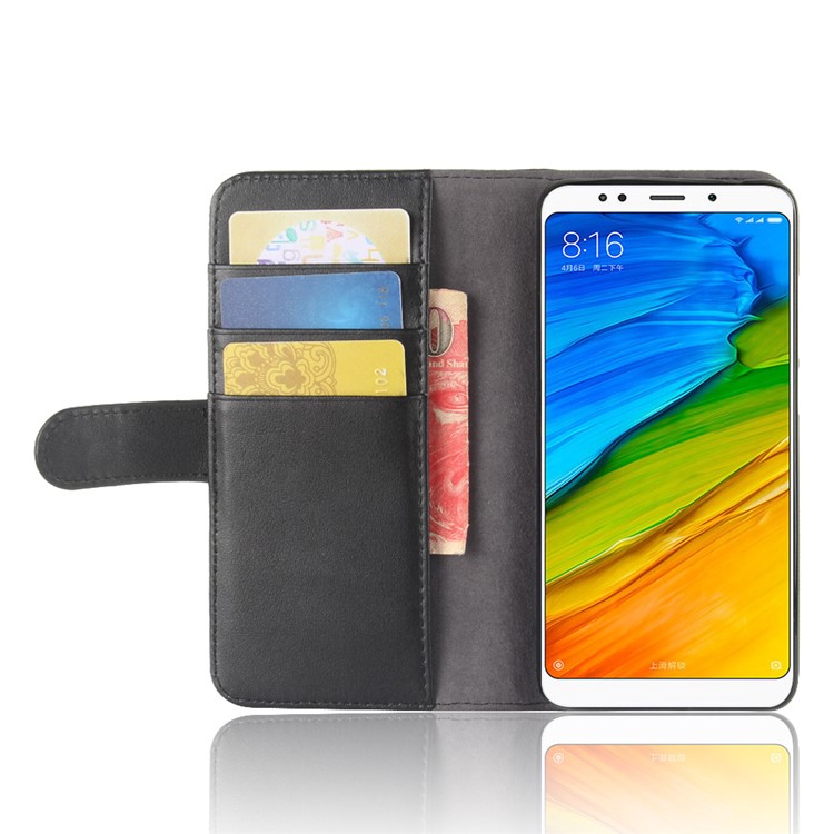 Genuine Split Leather Wallet Stand Case for Xiaomi Redmi 5 Plus - Black-5