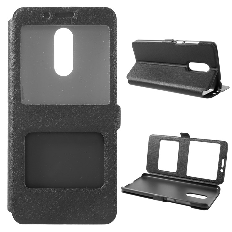 Silk Texture Dual Window PU Leather Stand Case for Xiaomi Redmi 5 Plus - Black-1