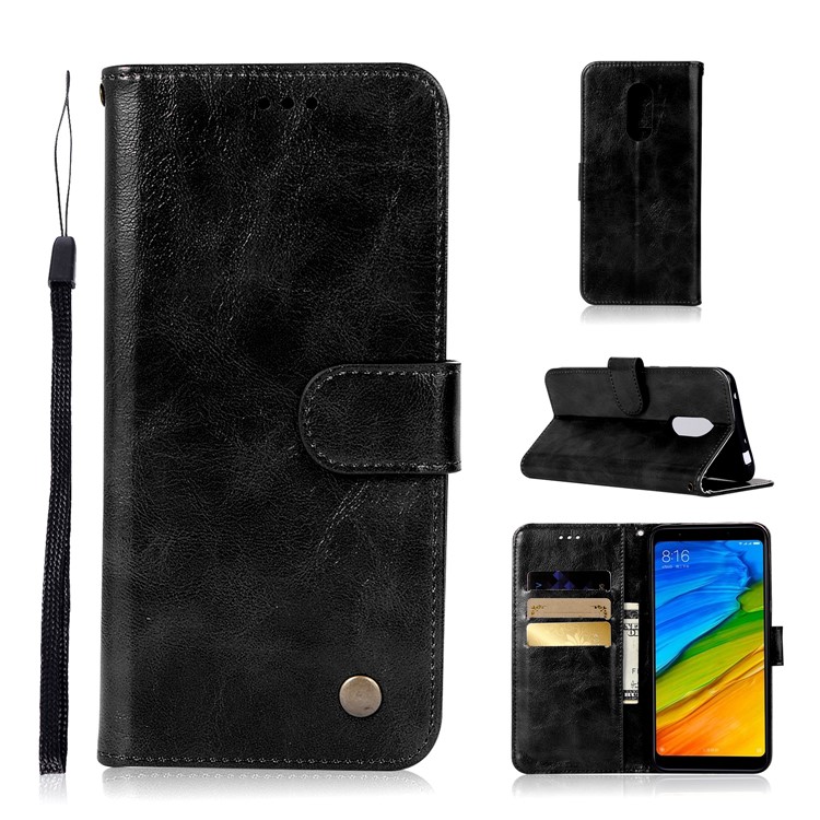 Premium Vintage PU Leather Wallet Stand Phone Case for Xiaomi Redmi 5 - Black-1
