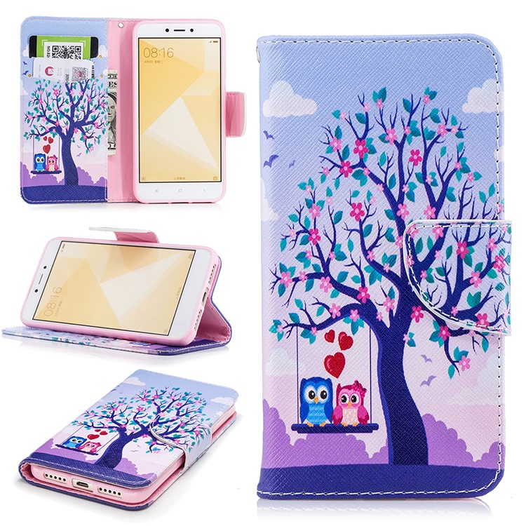 For Xiaomi Redmi 4X Patterned PU Leather Stand Phone Case - Swinging Owls on the Tree-1