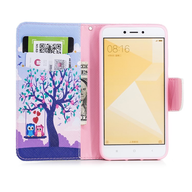 For Xiaomi Redmi 4X Patterned PU Leather Stand Phone Case - Swinging Owls on the Tree-8