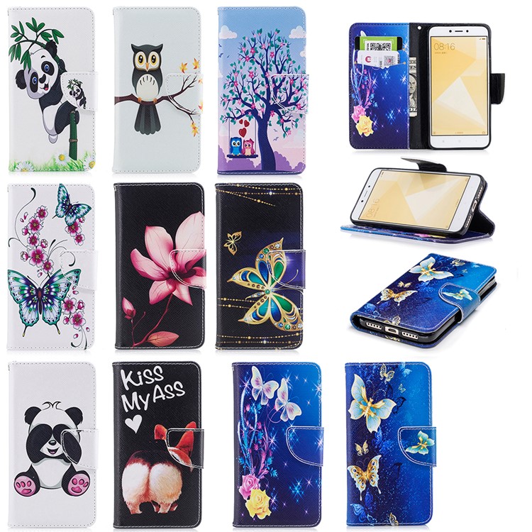 For Xiaomi Redmi 4X Patterned PU Leather Stand Phone Case - Swinging Owls on the Tree-9