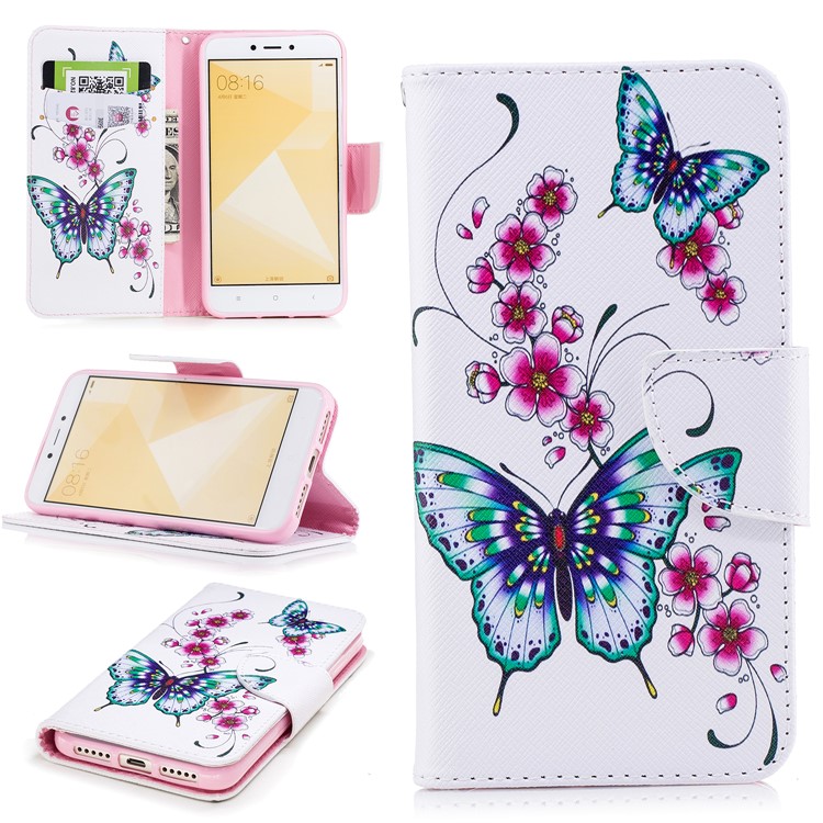 Para Xiaomi Redmi 4X Modelado PU Couro Stand Telefone Cobertura - Borboletas E Flores-1