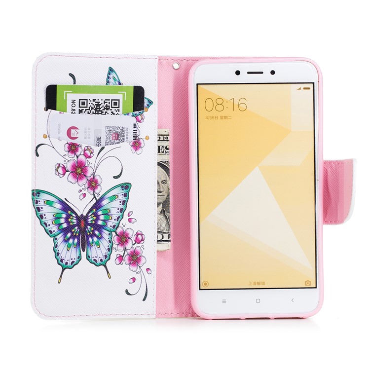 Para Xiaomi Redmi 4X Modelado PU Couro Stand Telefone Cobertura - Borboletas E Flores-8