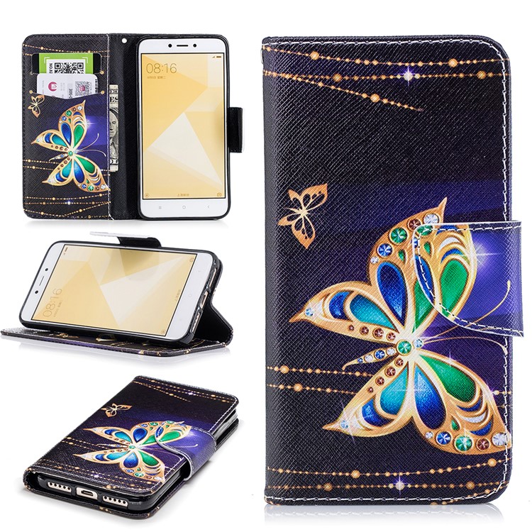 Para Xiaomi Redmi 4X Padrão De Capa De Couro PU Capa Protetora - Borboleta Com Diamante-1