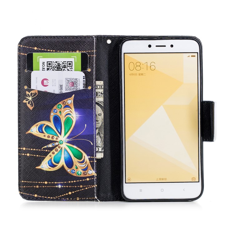 Para Xiaomi Redmi 4X Padrão De Capa De Couro PU Capa Protetora - Borboleta Com Diamante-8