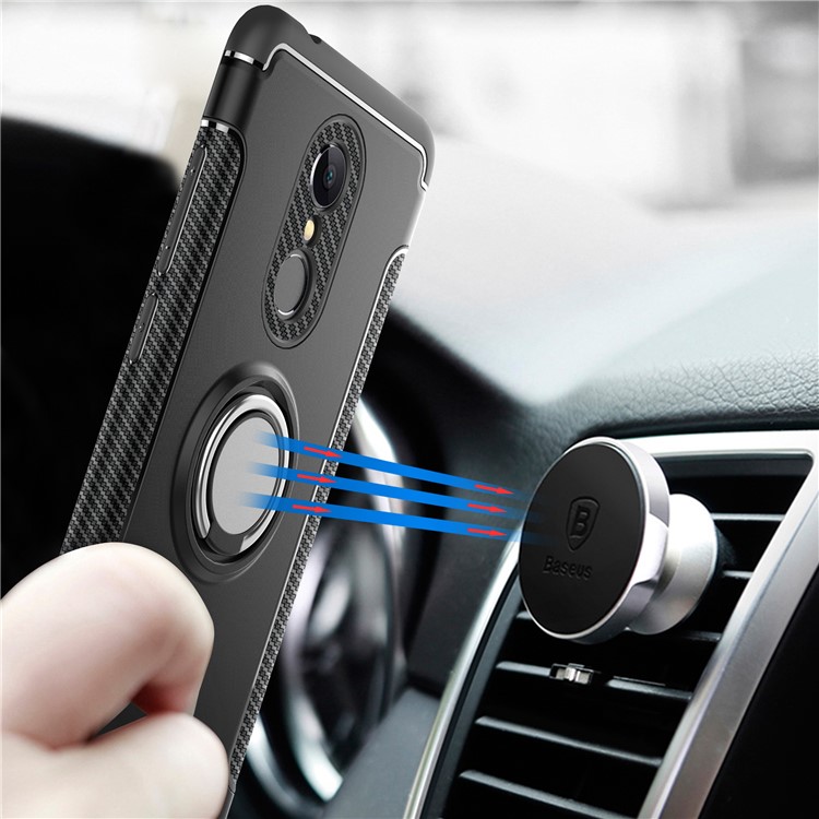 Carbon Fiber Texture TPU + PC Hybrid Case with Magnetic Ring Holder for Xiaomi Redmi 5 - Black-2