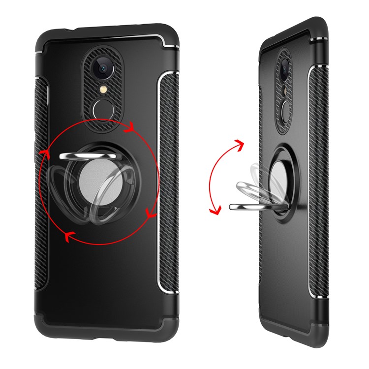 Carbon Fiber Texture TPU + PC Hybrid Case with Magnetic Ring Holder for Xiaomi Redmi 5 - Black-4