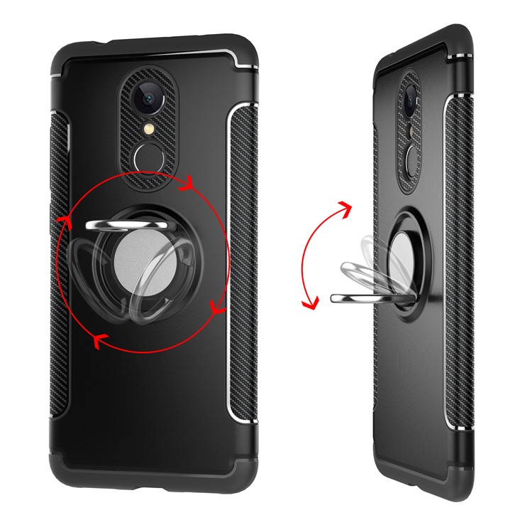 Texture in Fibra di Carbonio TPU + PC Custodia Ibrida Con Supporto ad Anello Magnetico Per Xiaomi Redmi 5 - Nero