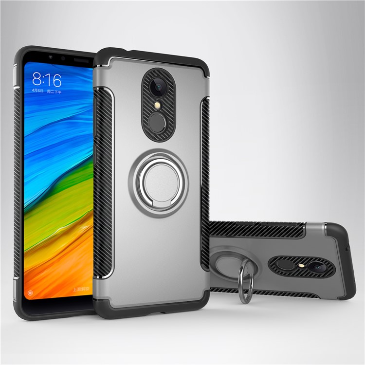 Carbon Fiber Texture TPU + PC Hybrid Back Case with Kickstand for Xiaomi Redmi 5 - Silver-1
