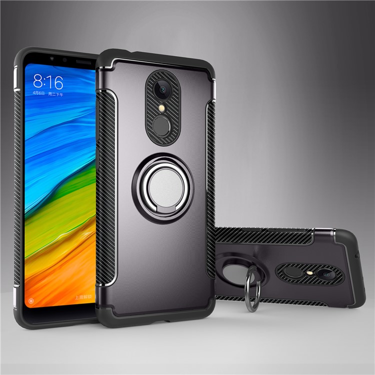 Carbon Fiber Texture TPU + PC Hybrid Phone Case with Magnetic Car Mount Ring Holder Kickstand for Xiaomi Redmi 5 - Grey-1