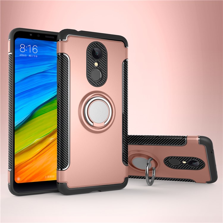 Carbon Fiber Texture TPU + PC Combo Cover Shell with Magnetic Ring Holder for Xiaomi Redmi 5 - Rose Gold-1
