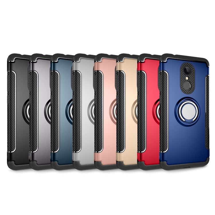 Carbon Fiber Texture TPU + PC Combo Cover Shell with Magnetic Ring Holder for Xiaomi Redmi 5 - Rose Gold-2