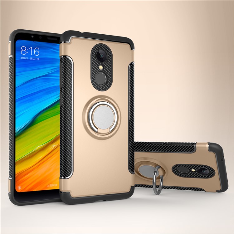 Karbonfaser Textur TPU + PC Combo Telefongehäuse Mit Magnetring Halter Für Xiaomi Redmi 5 - Gold-1