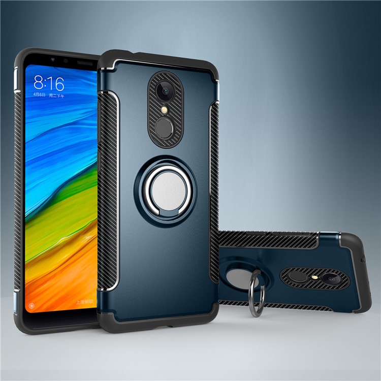Carbon Fiber Texture TPU + PC Hybrid Mobile Cover with Magnetic Ring Holder for Xiaomi Redmi 5 - Baby Blue-1