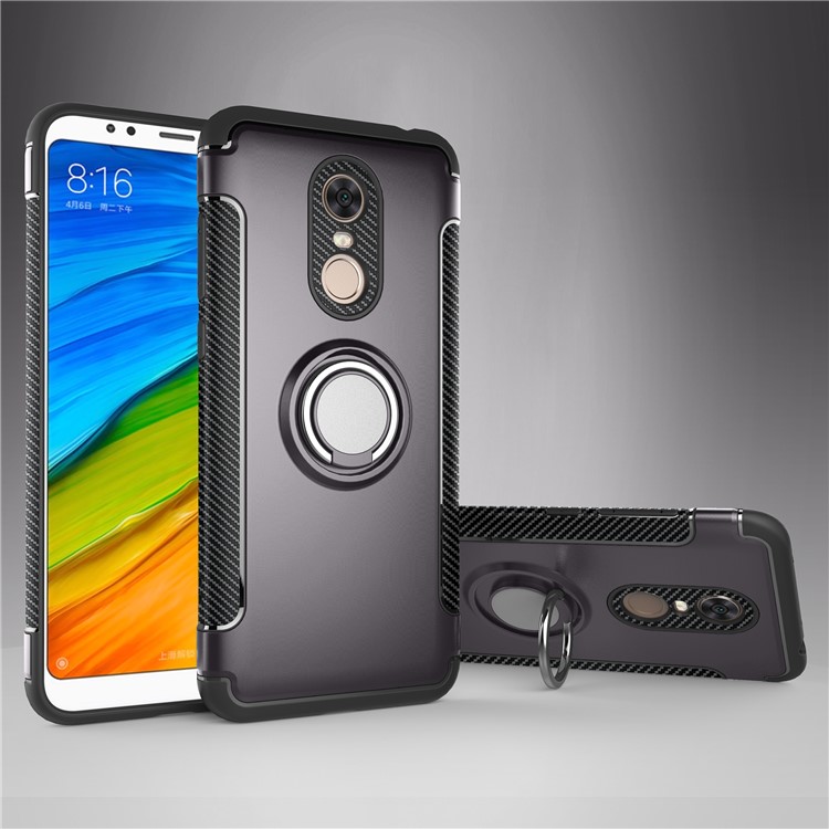 Magnetic Car Mount Ring Holder Kickstand Carbon Fiber Texture TPU PC Hybrid Shell for Xiaomi Redmi Note 5 (12MP Rear Camera) / Redmi 5 Plus (China) - Grey-1