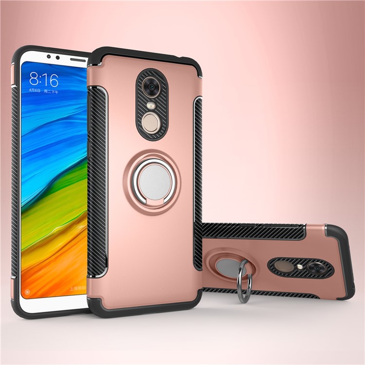 Magnetic Car Mount Ring Holder Kickstand Carbon Fiber Texture TPU PC Hybrid Mobile Shell for Xiaomi Redmi Note 5 (12MP Rear Camera) / Redmi 5 Plus (China) - Rose Gold-1