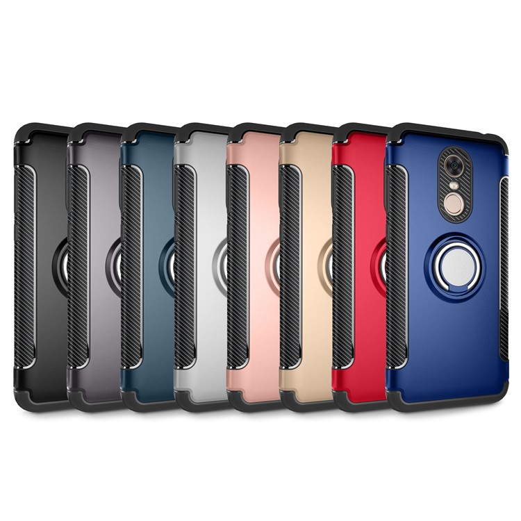 Magnetic Car Mount Ring Holder Kickstand Carbon Fiber Texture TPU PC Hybrid Mobile Shell for Xiaomi Redmi Note 5 (12MP Rear Camera) / Redmi 5 Plus (China) - Rose Gold-2