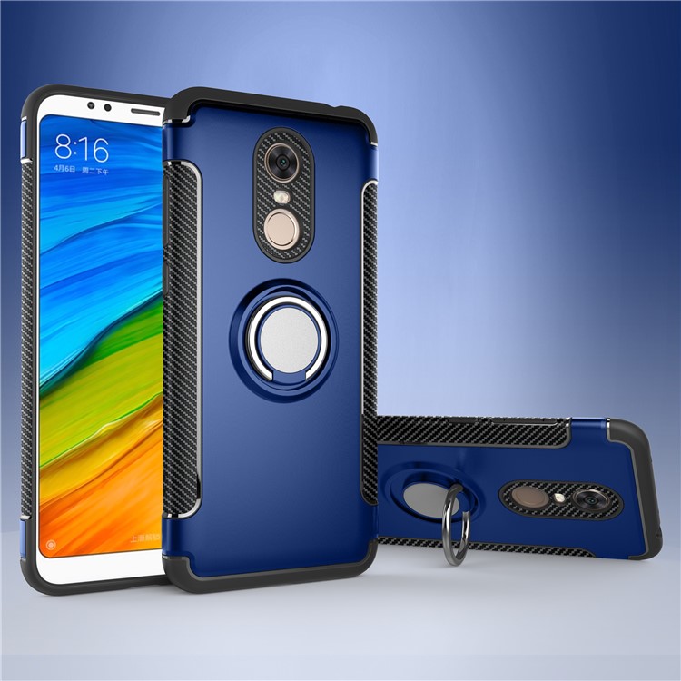 Magnetic Car Mount Ring Holder Kickstand Carbon Fiber Grain TPU PC Back Mobile Casing for Xiaomi Redmi Note 5 (12MP Rear Camera) / Redmi 5 Plus (China) - Dark Blue-1