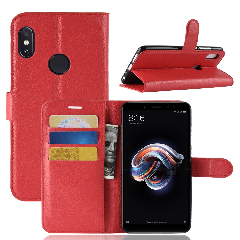 Litchi Skin Leather Wallet Shell Case for Xiaomi Redmi Note 5 Pro (Dual Camera) / Redmi Note 5 (China) - Red-1