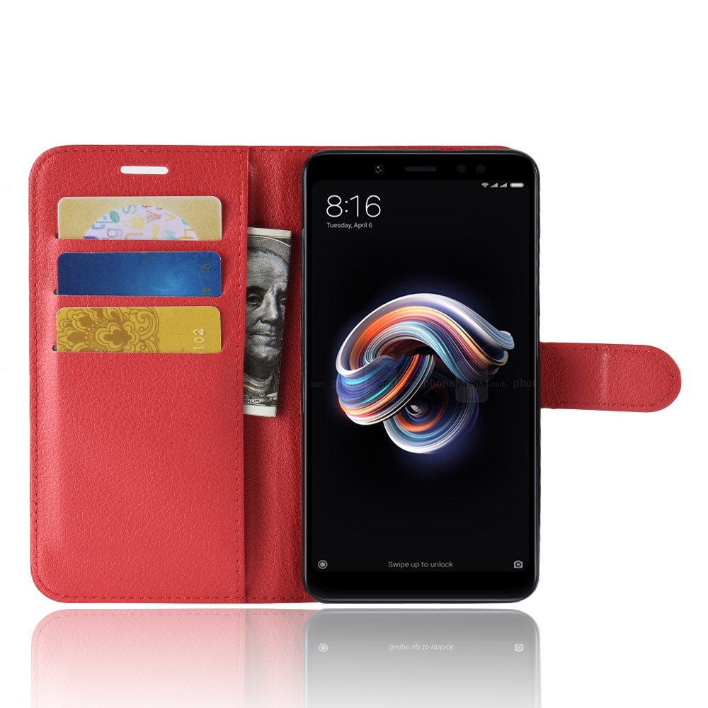 Litchi Skin Leather Wallet Shell Case for Xiaomi Redmi Note 5 Pro (Dual Camera) / Redmi Note 5 (China) - Red-4