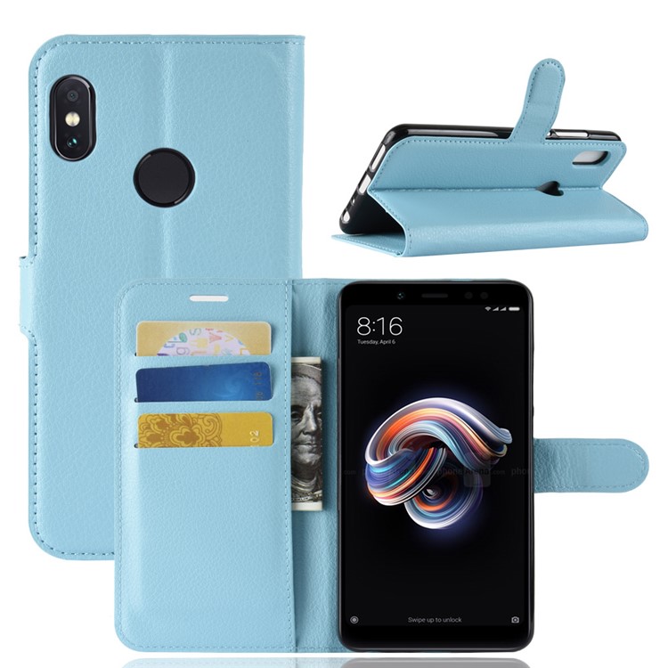 Litchi Skin Cell Phone Leather Wallet Case for Xiaomi Redmi Note 5 Pro (Dual Camera) / Redmi Note 5 (China) - Baby Blue-1
