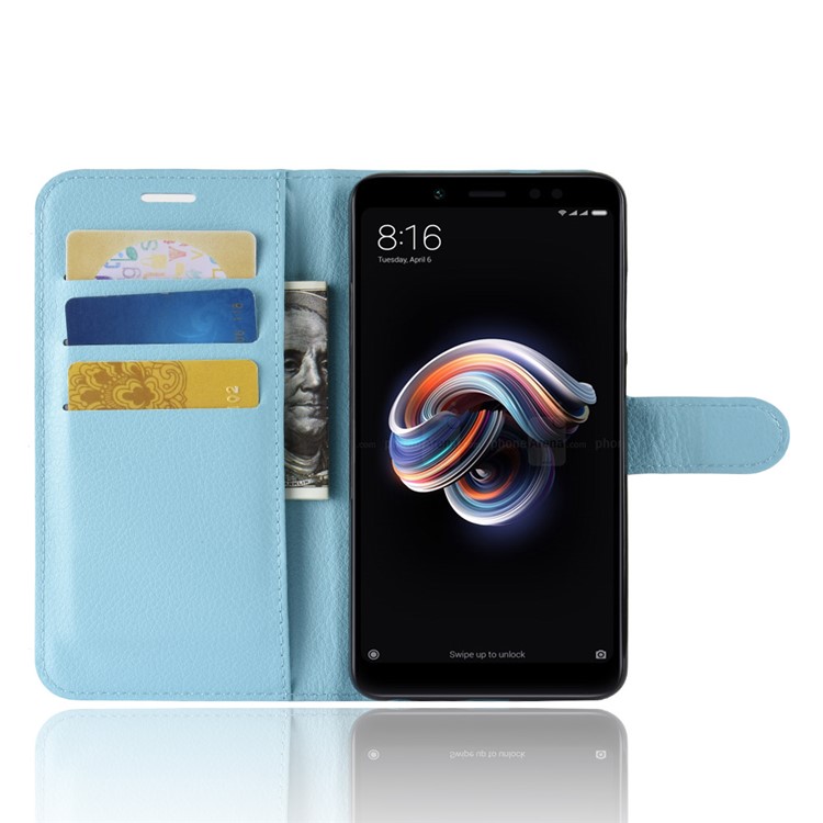 Litchi Skin Cell Phone Leather Wallet Case for Xiaomi Redmi Note 5 Pro (Dual Camera) / Redmi Note 5 (China) - Baby Blue-4