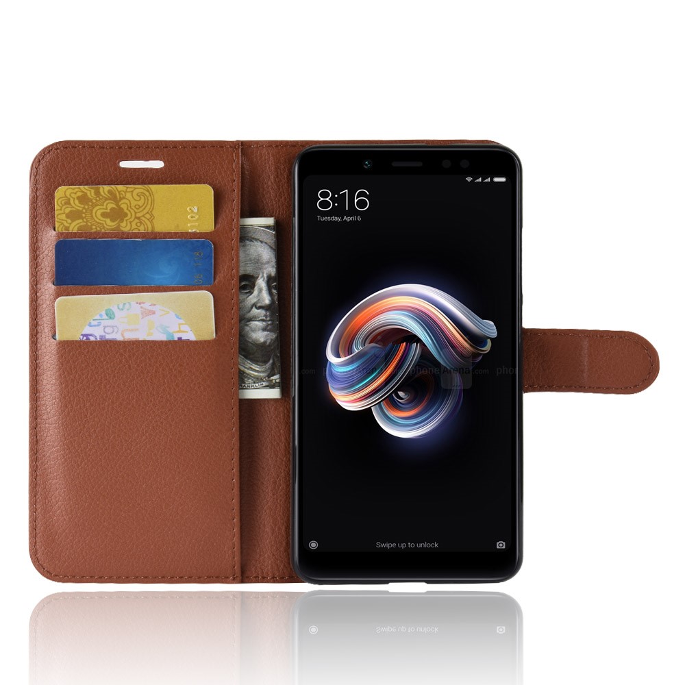 Litchi Skin Wallet Leather Protection Case for Xiaomi Redmi Note 5 Pro (Dual Camera) / Redmi Note 5 (China) - Brown-4