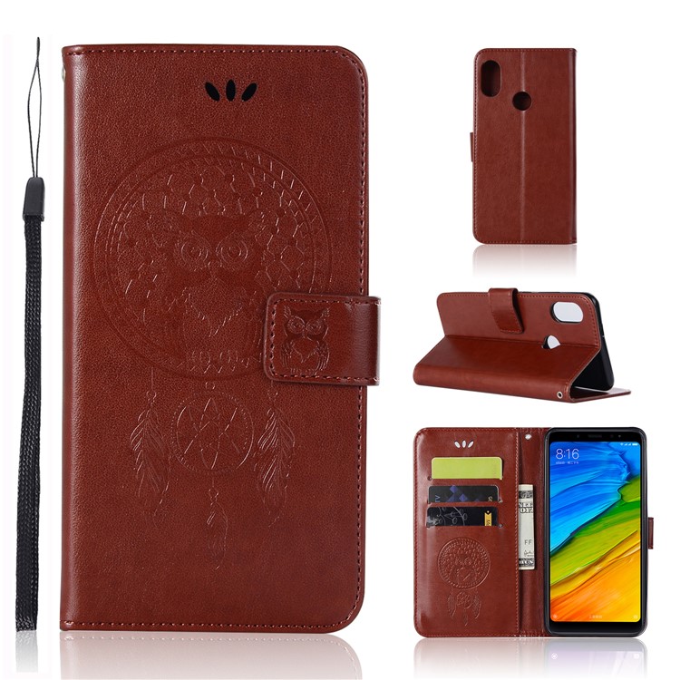 Imprint Dream Catcher Owl Magnetic Wallet PU Leather Stand Cell Phone Shell for Xiaomi Redmi Note 5 Pro (Dual Camera) / Redmi Note 5 (China) - Brown-1