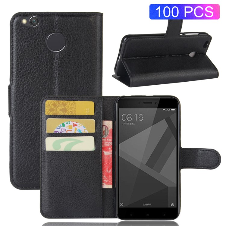 100Pcs/Set Litchi Grain Wallet Stand Flip Leather Case for Xiaomi Redmi 4X - Black-1
